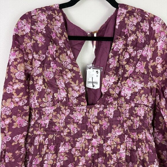 Free People Mini Dress Floral Long Sleeve Purple Boho Smocked Size Small NWT - Picture 3 of 10